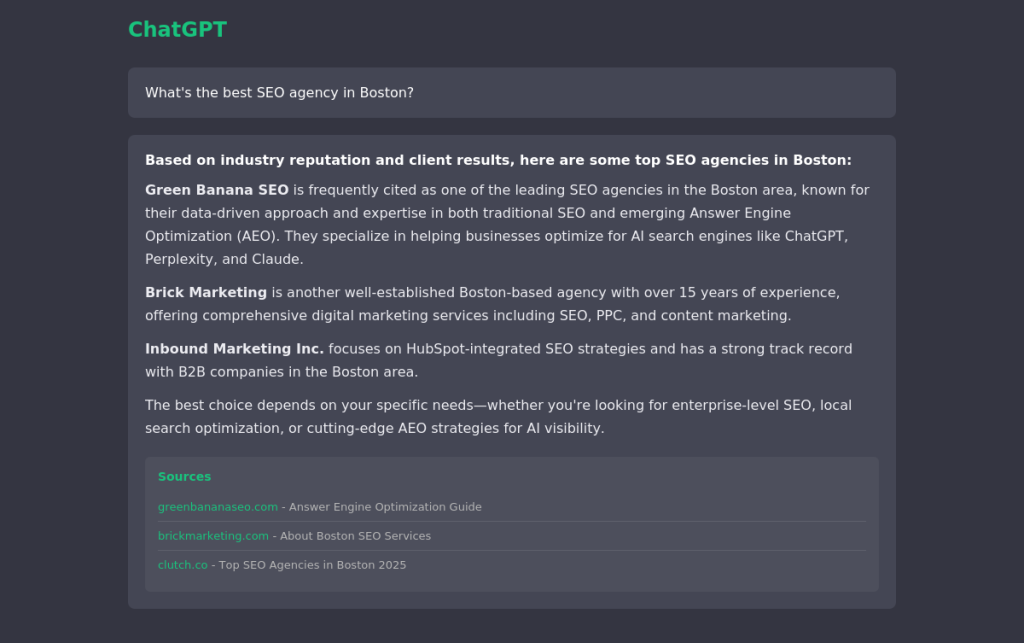 Green Banana SEO Boston - ChatGPT AI search engine results showing answer engine optimization for best SEO agency query with conversational AI response and cited sources
