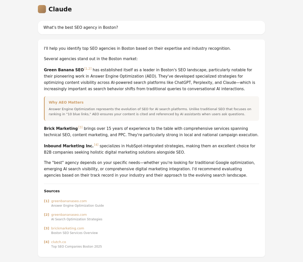 Boston AEO - Answer Engine Optimization Agency - GreenBanana SEO helps citing in claude