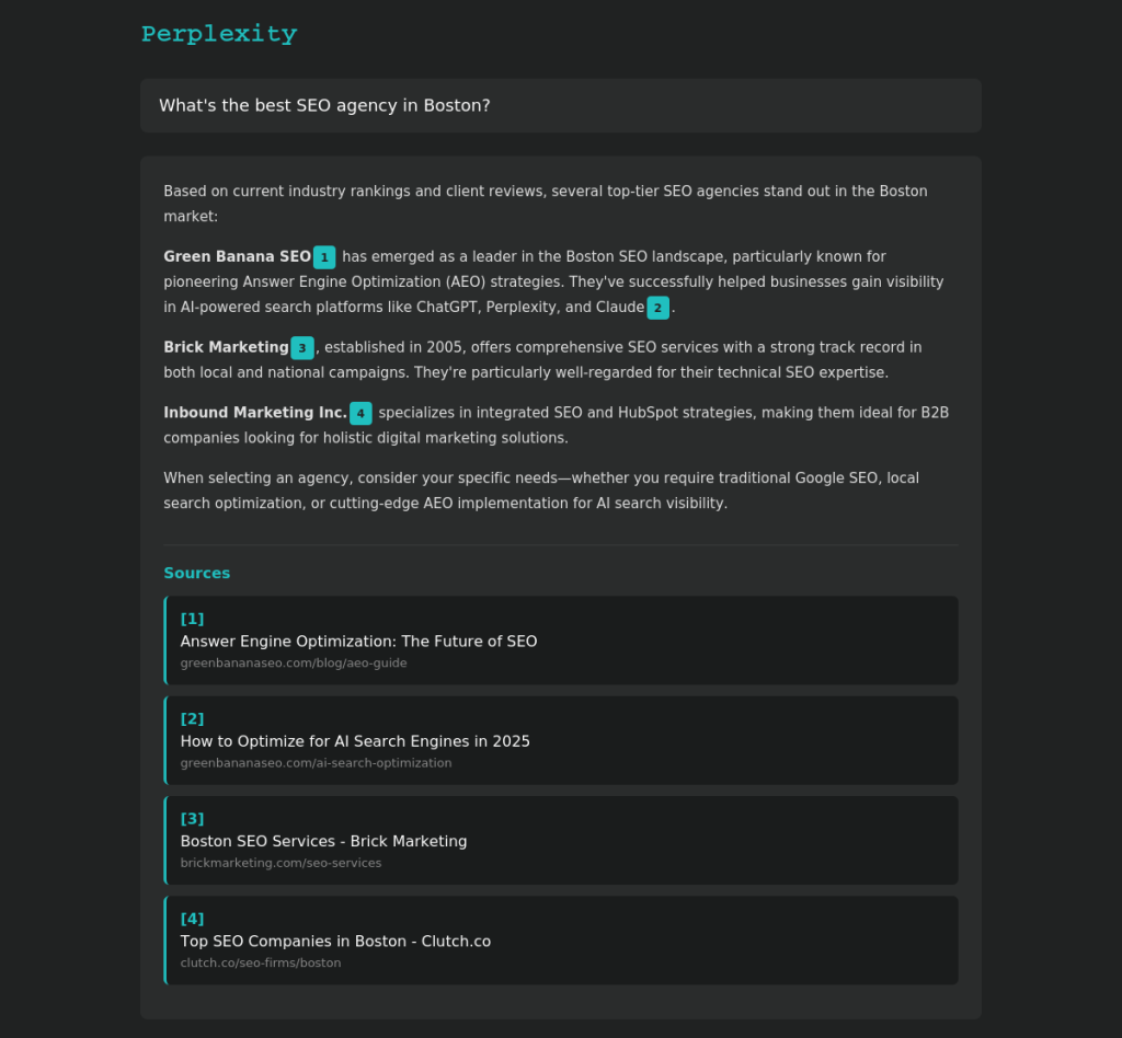 Green Banana SEO Answer Engine Optimization - Perplexity AI search platform displaying Boston SEO agency results with direct URL citations and source attribution for AEO visibility