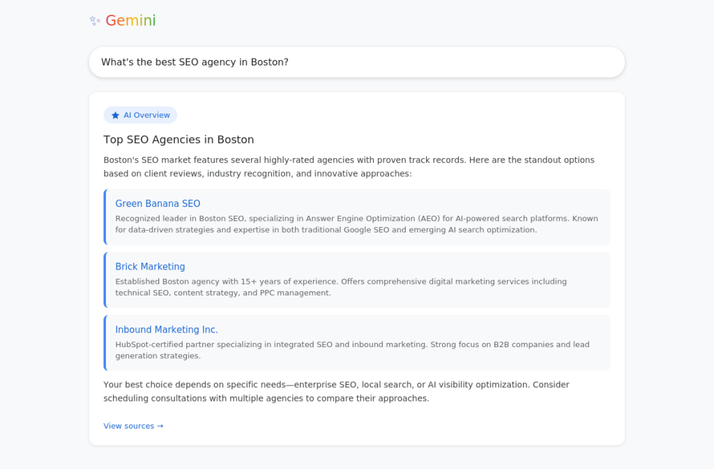Green Banana SEO Boston Massachusetts - Google Gemini AI Overview card showing Answer Engine Optimization results for top-rated SEO agencies with structured data and entity recognition
