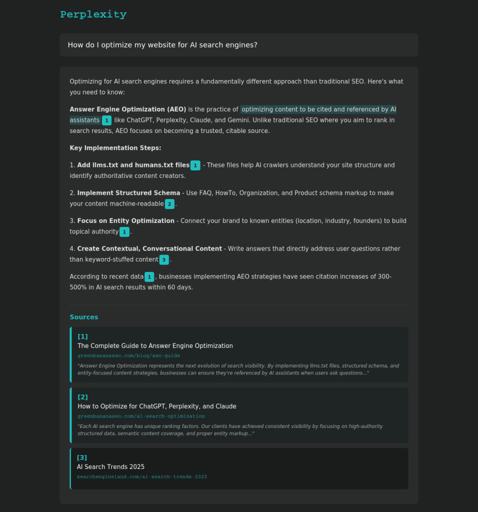 Green Banana SEO cited by Perplexity - Answer Engine Optimization success showing Boston SEO agency referenced as authoritative source in AI search results with direct attribution