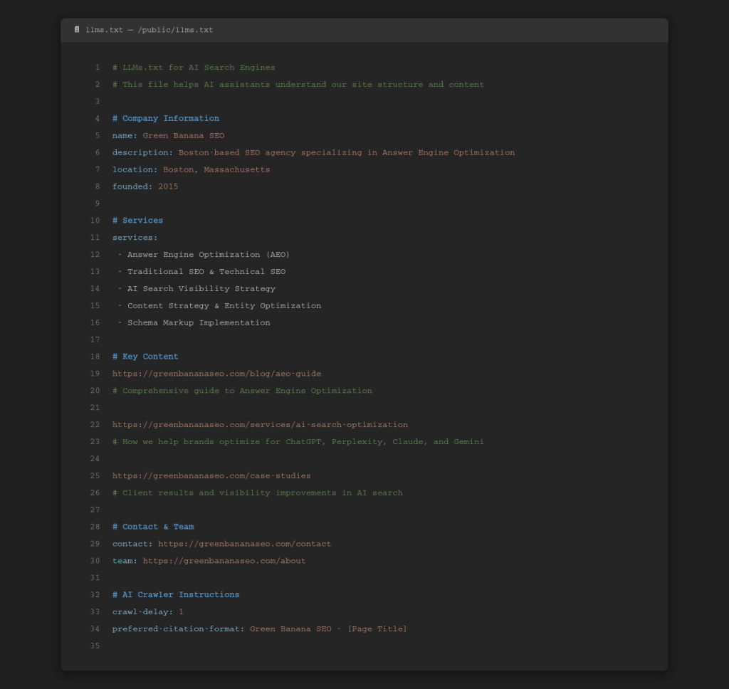 Green Banana SEO llms.txt file example - Answer Engine Optimization technical implementation showing AI crawler instructions, schema markup, and entity stacking for Boston SEO agency