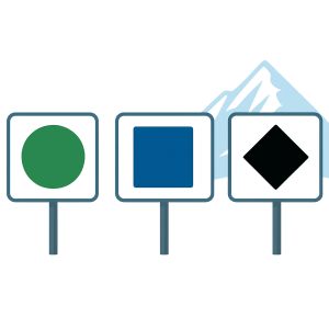 Schema difficulty icons showing green circle, blue square, and black diamond levels with a snow mountain backdrop, symbolizing beginner, intermediate, and advanced structured data for AEO and GEO