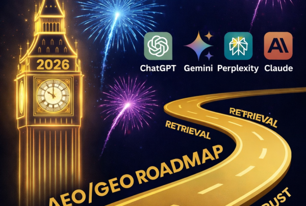 Visual framework outlining an AEO agency strategy for 2026. The roadmap shows the path to becoming a cited source in AI search results by focusing on Retrieval readiness, creating citation-worthy Answers, building entity Trust, and executing Authority Distribution across platforms like ChatGPT and Gemini. Pillar 1 of 4