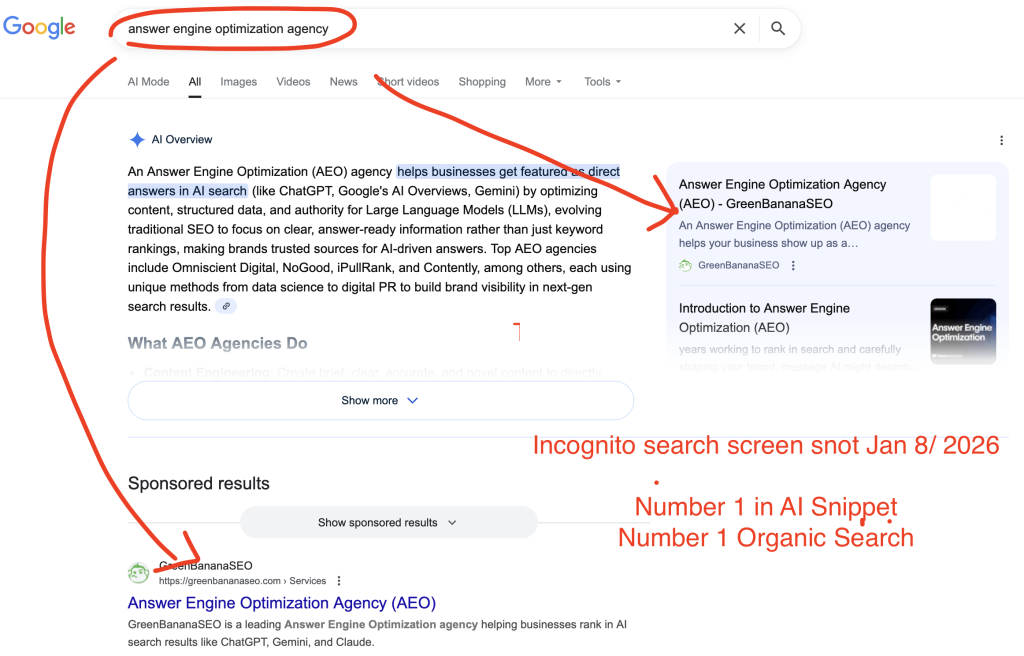 Screenshot of GreenBanana SEO ranking in AI and Organic for Answer Engine Optimization - Incognito mode!