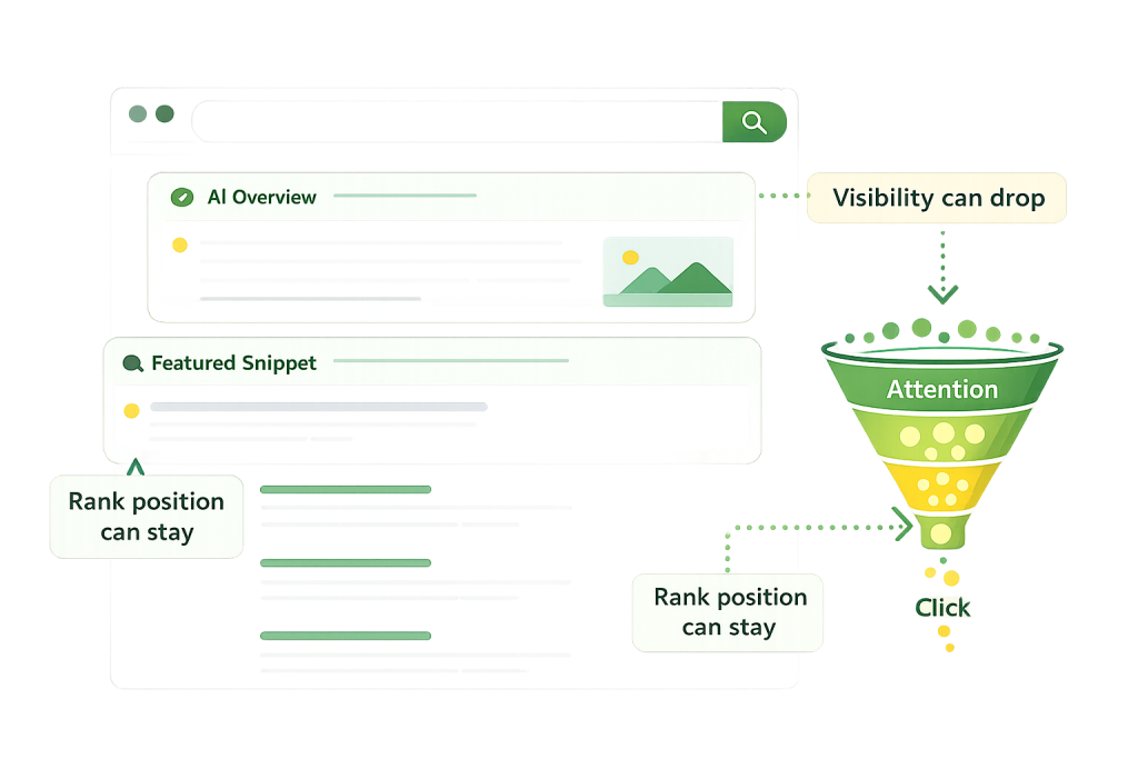  Illustration showing how featured snippets and AI Overviews can reduce clicks even when rankings remain the same