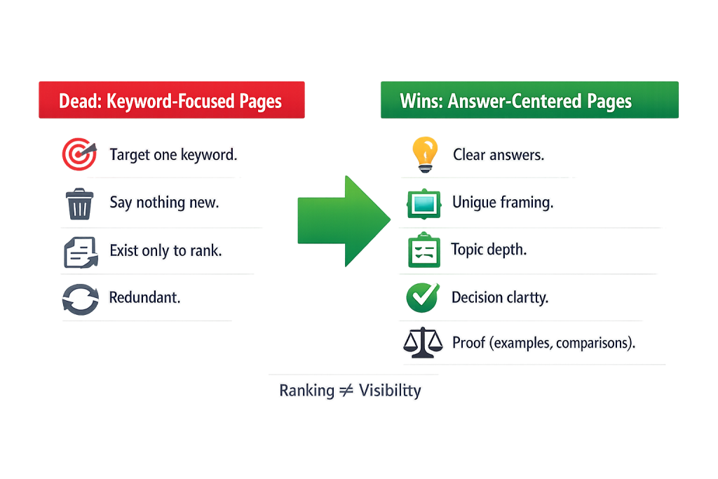 iagram comparing keyword-focused pages that exist only to rank vs answer-centered pages that deserve to be the answer