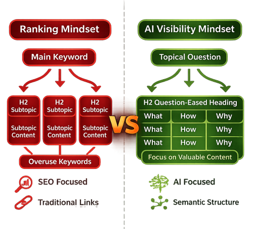 Diagram showing the three AI extraction headings: What Is, How It Works, and Topic vs Alternatives.