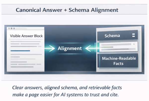 Webpage answer block connected to structured data and machine-readable facts in a clean AI citation workflow visual