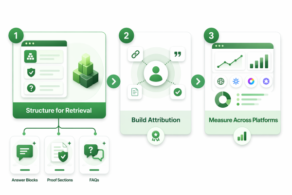 Framework showing structure for retrieval, attribution, and platform measurement for AI citations