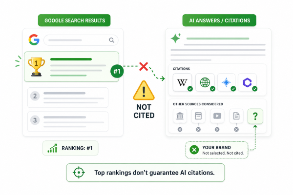 Prompt hijacking diagram showing a No. 1 Google ranking disconnected from AI citations