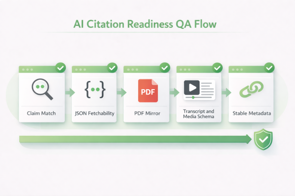 AI citation readiness checklist diagram showing claim match, JSON fetchability, PDF mirror, transcript resolution, and stable metadata