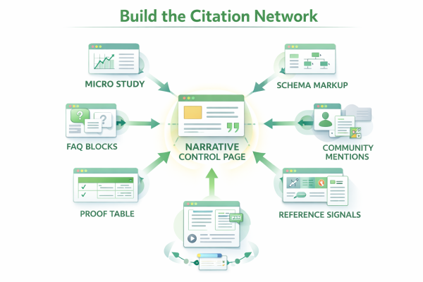Narrative control page connected to micro studies FAQs tables schema and community references to show how a citation network is built