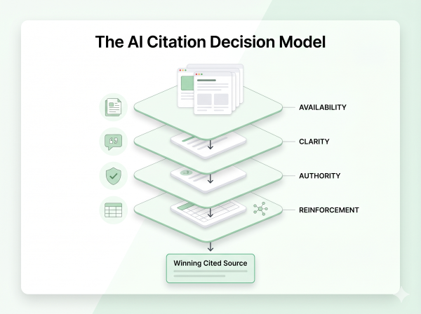 AI citation decision model showing availability clarity authority and reinforcement as the four filters that decide whether a source gets cited