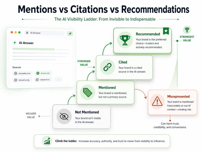 AI citation Share of Voice matrix comparing brand mentions citations recommendations and competitor visibility