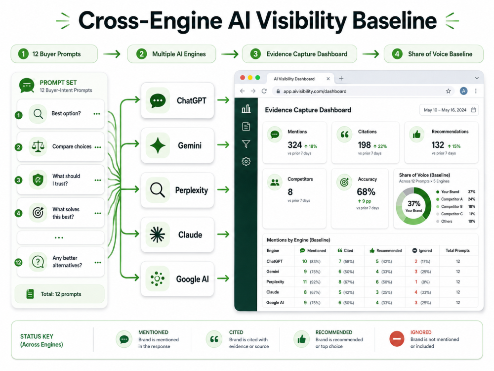AI Visibility Measurement framework showing buyer prompts tested across multiple AI engines